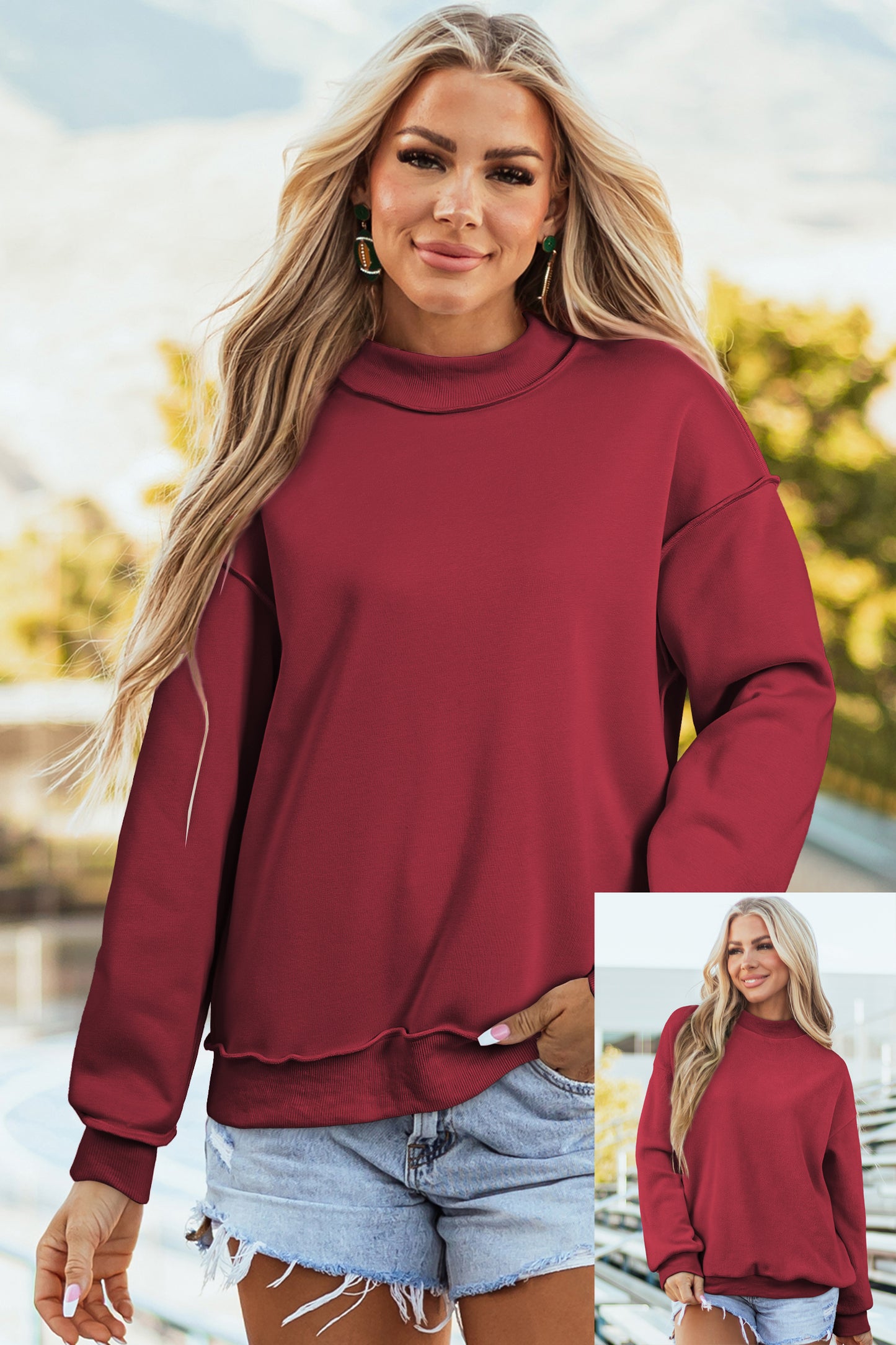Oversize Drop Shoulder Reversible Mock Neck Sweatshirt