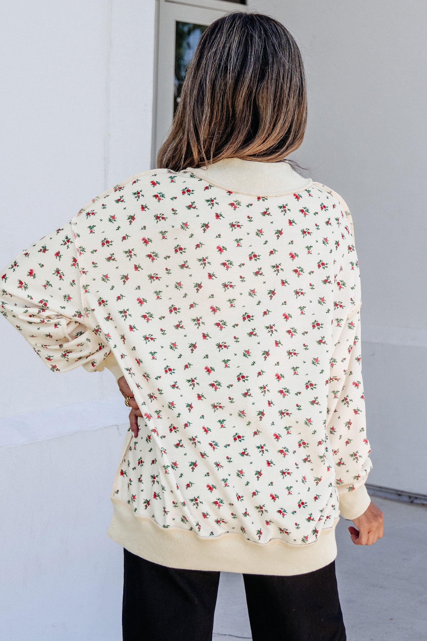 High Neck Patchwork Floral Print Baggy Pullover Sweatshirt