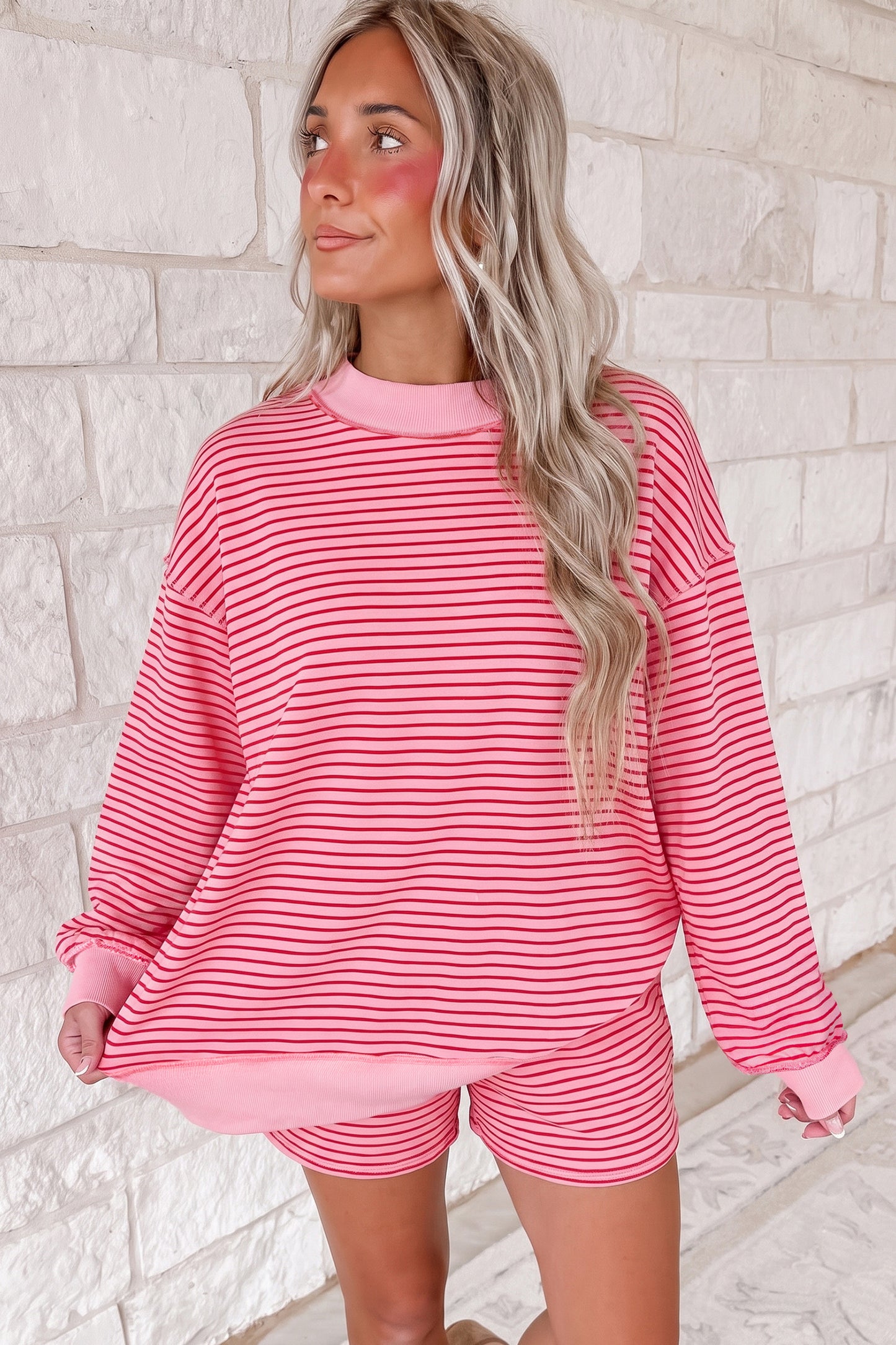 Stripe Ribbed Patchwork Mock Neck Baggy Pullover Matching Shorts Set