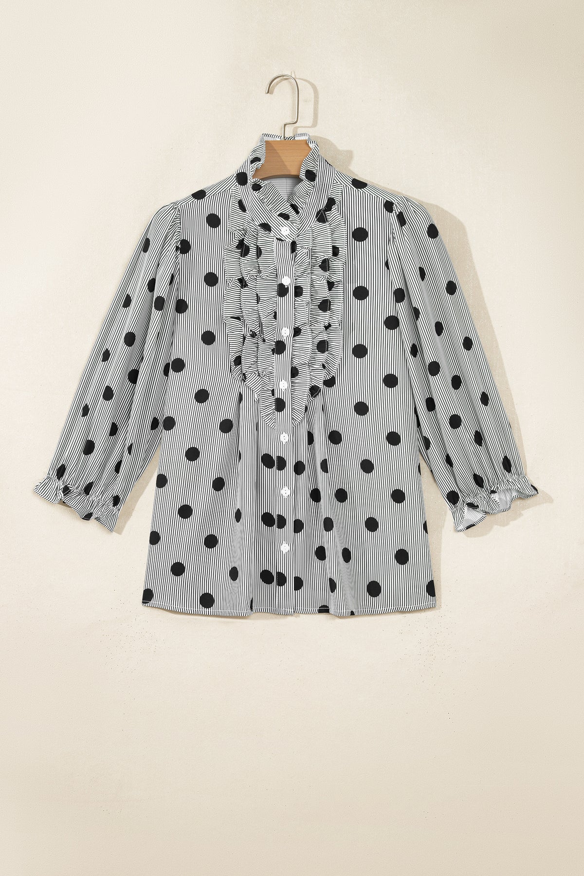 Polka Dot Striped Print Ruffle Stand Neck 3/4 Sleeve Shift Shirt