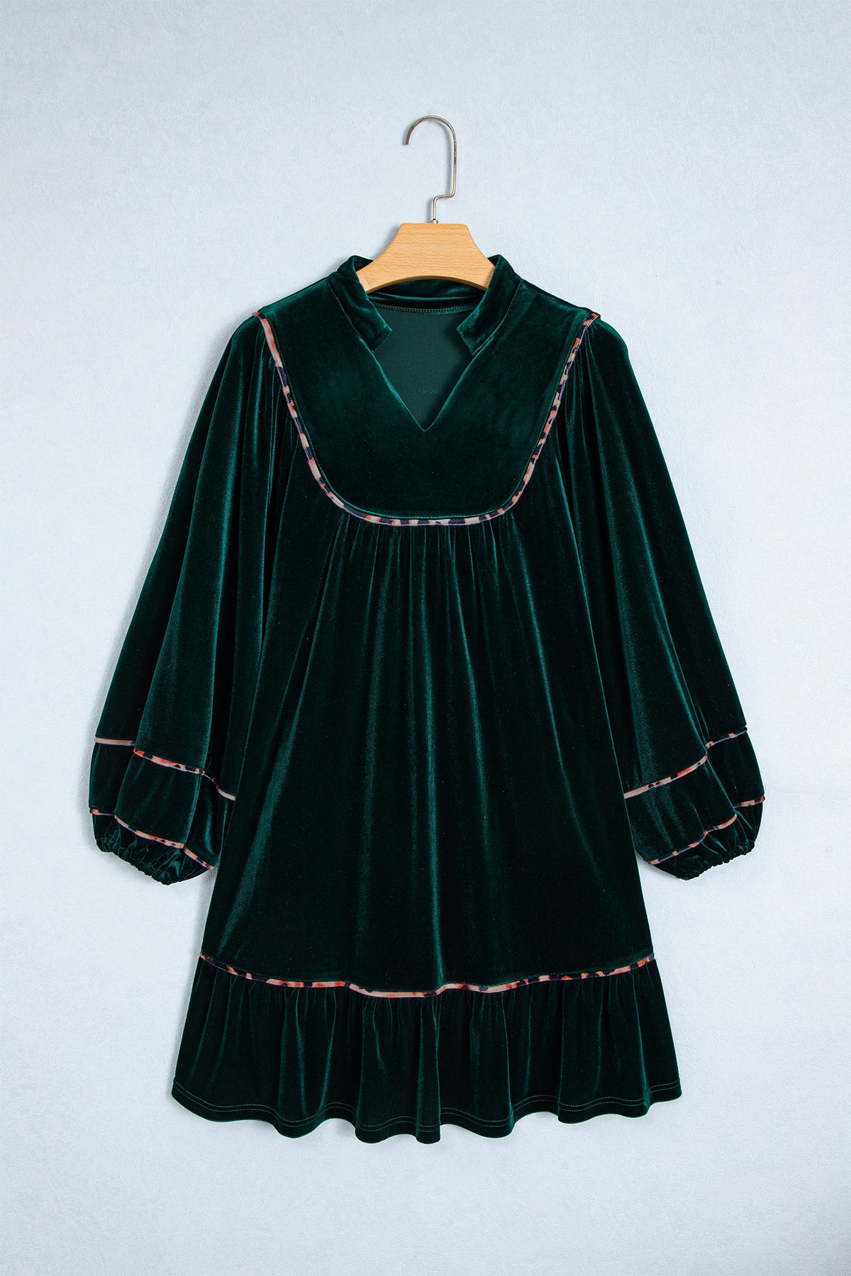 Leopard Trim Velvet Long Sleeve Shift Dress