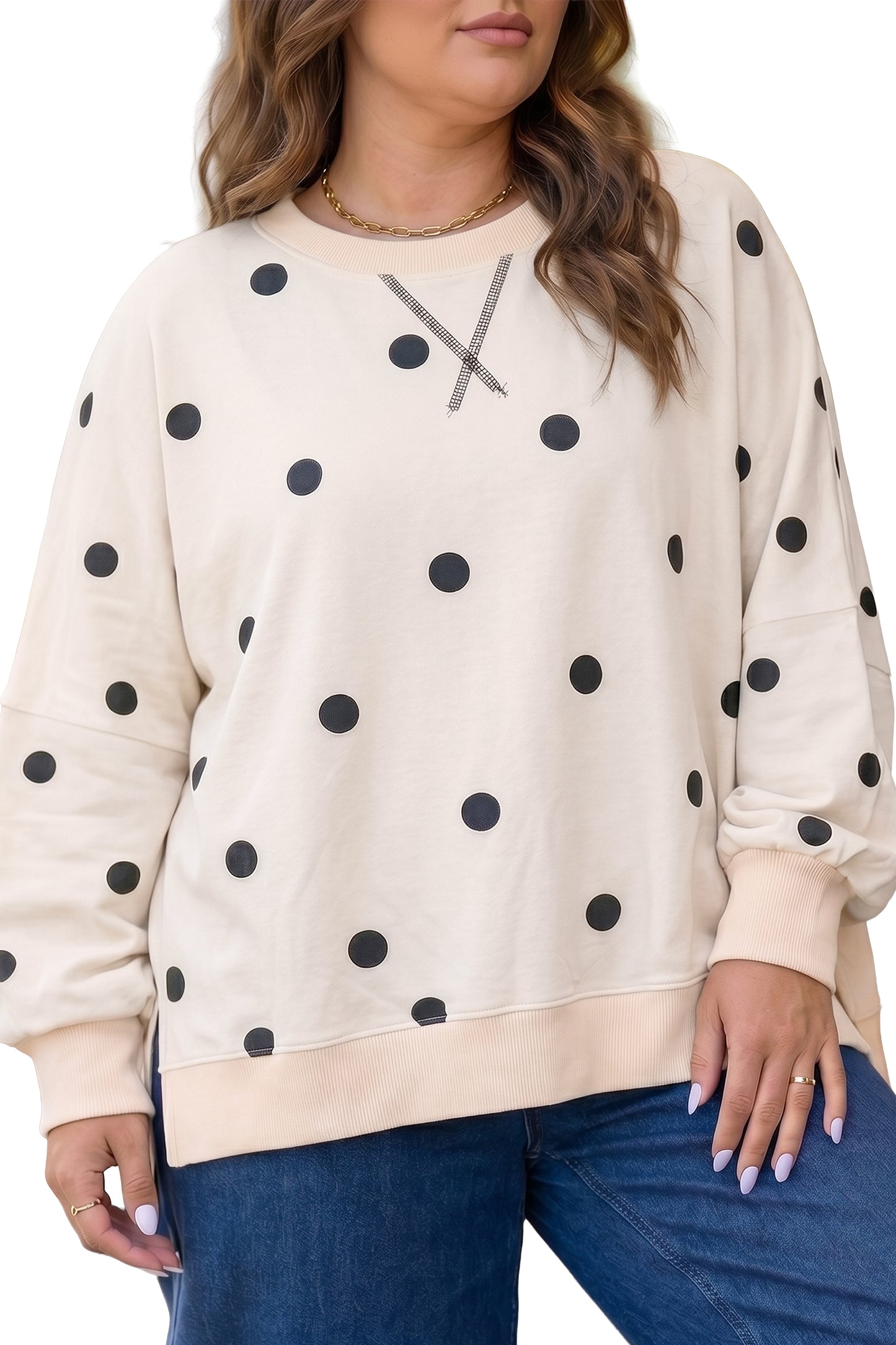 Long Sleeve Polka Dot Plus Size Top