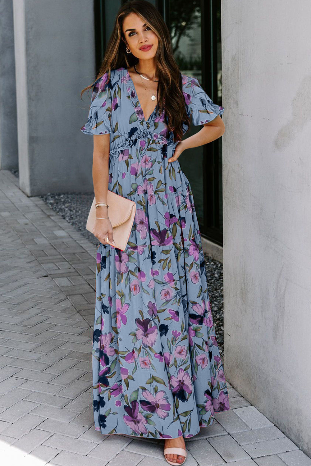 Floral Print Frilled V Neck Short Sleeve Maxi Dress
