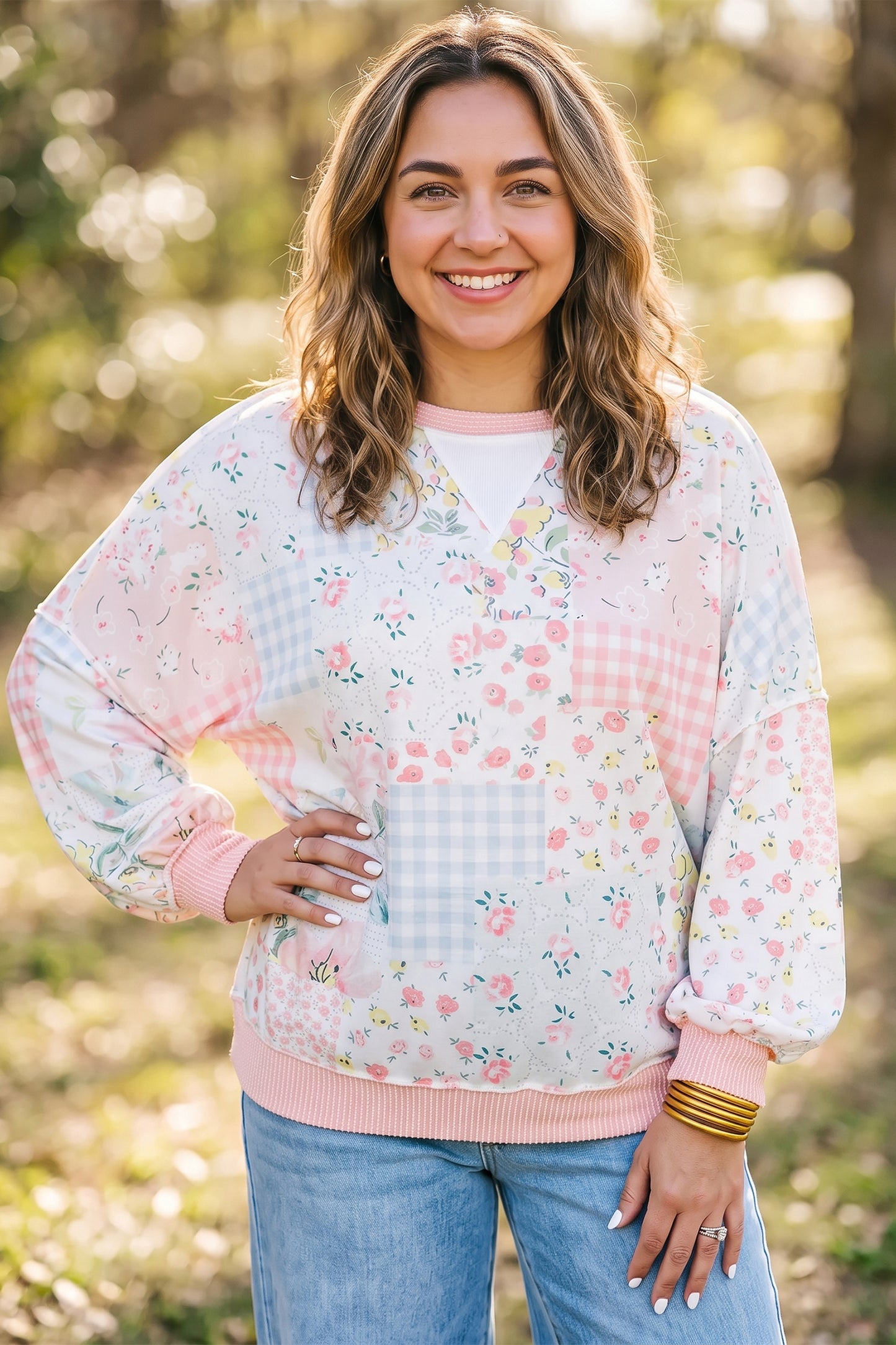 Patchwork Floral Print Long Sleeve Tunic Plus Size Blouse