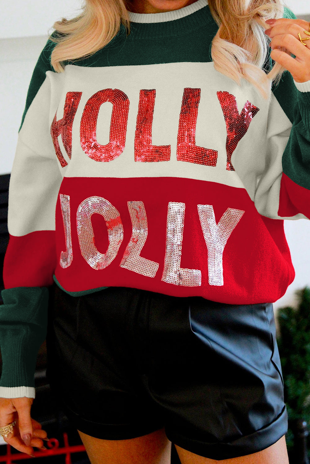 Sequined HOLLY JOLLY Color Block Crew Neck Sweater