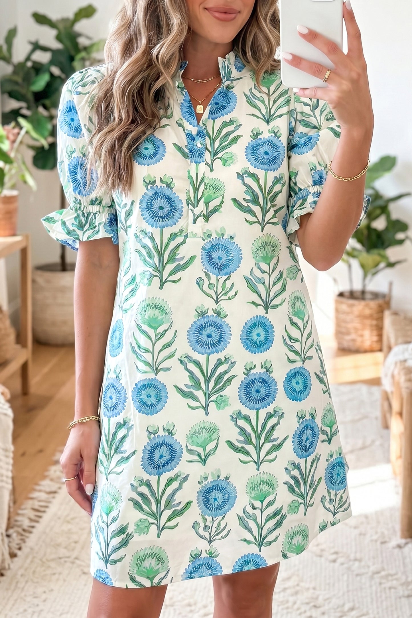 Floral Print Half Button Frilly Short Sleeve Dress