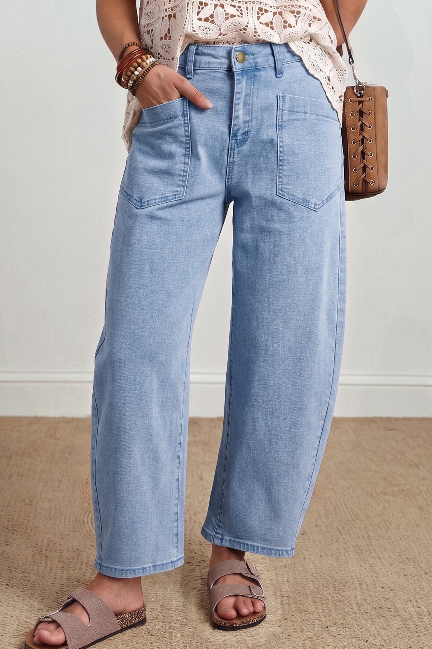 Square Patch Pocket Ankle-length Barrel Jeans