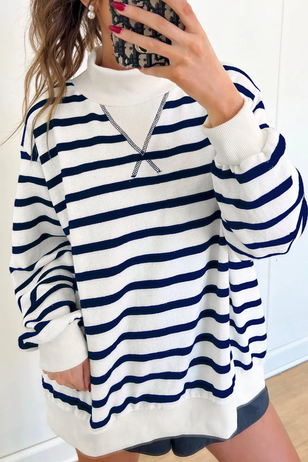 Stripe Striped Stand Neck Long Sleeve Ribbed Cuff Hem Sweatshirt