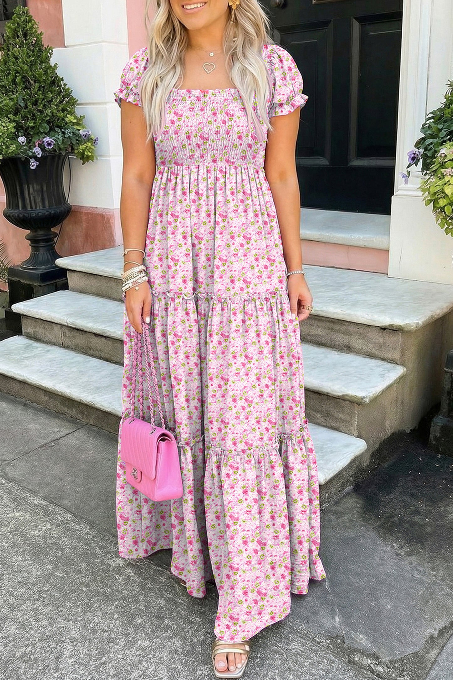 Floral Short Bubble Sleeve Shirred High Waist Maxi Dress