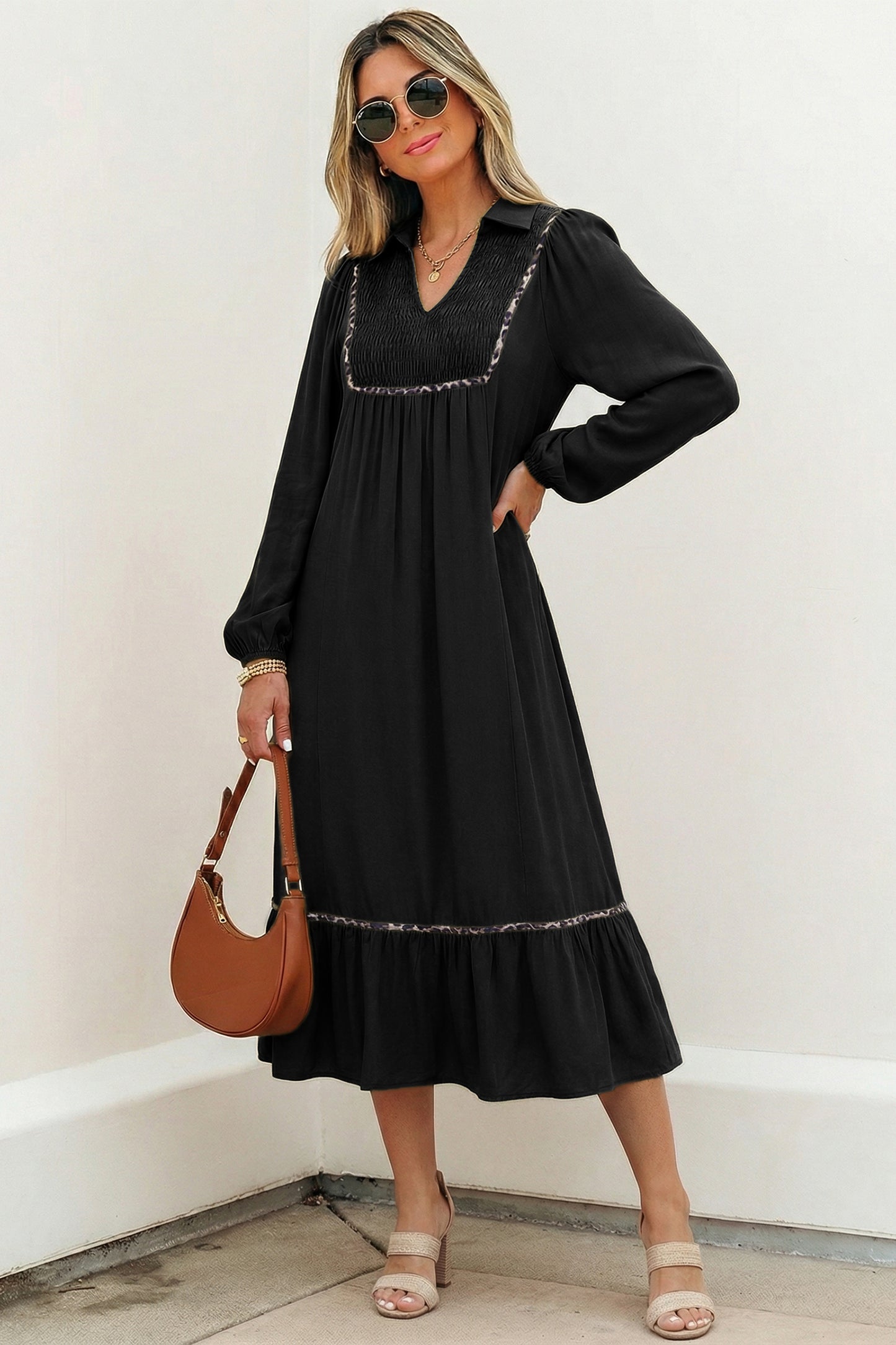 V Neck Smocked Detail Contrast Leopard Trim Bracelet Sleeve Long Dress
