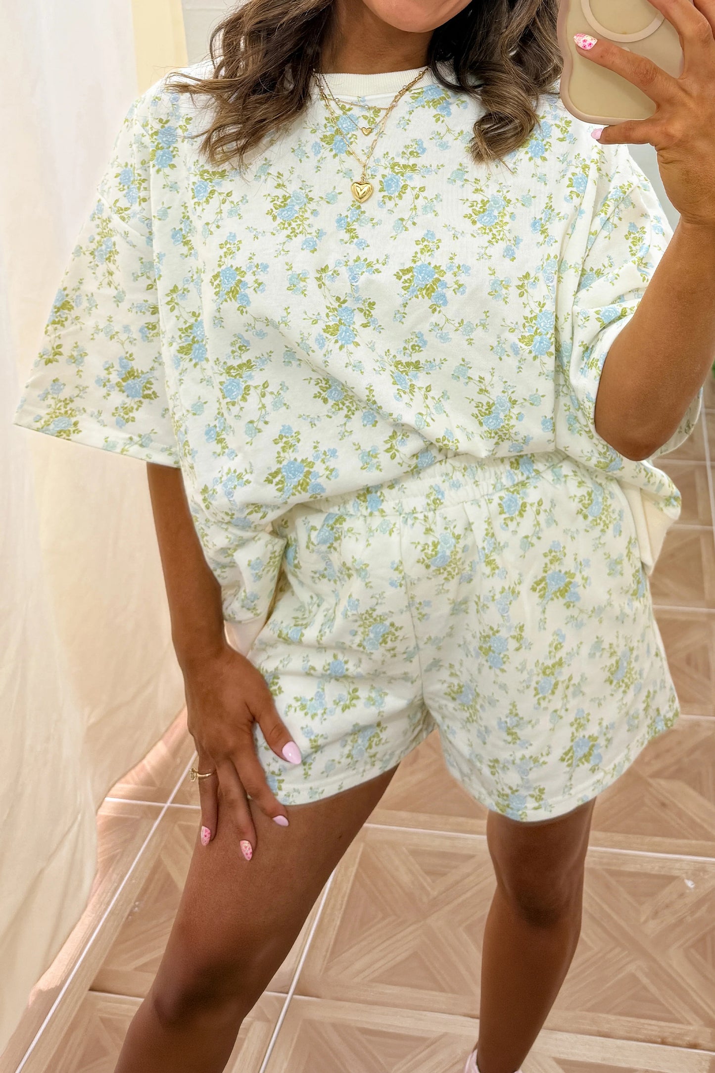 Floral Print Short Sleeve Elastic Waist Pocket Two Piece Set