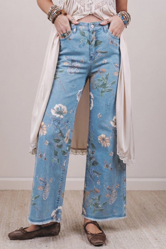 Retro Floral Print Frayed Hem Shift Jeans