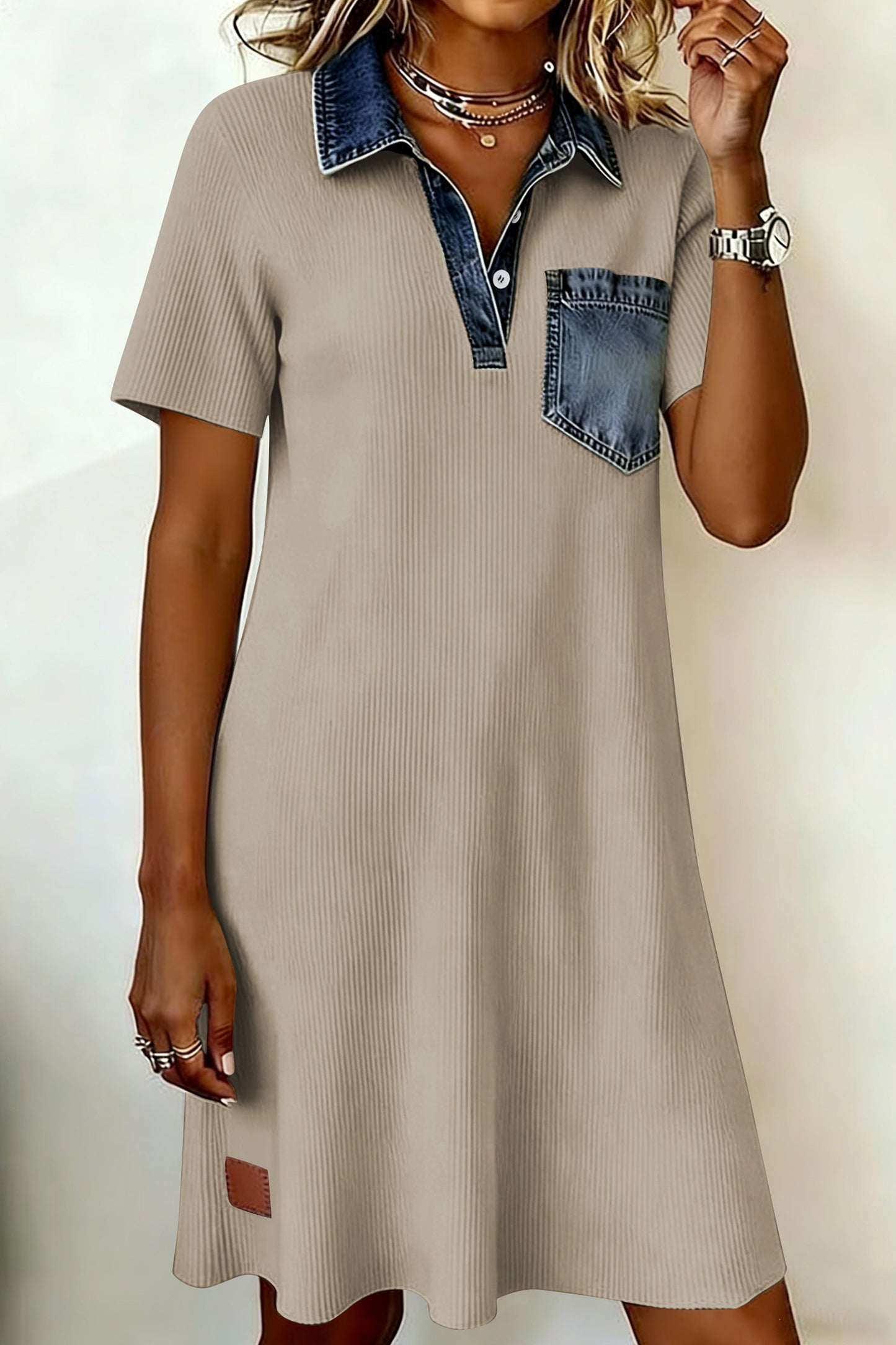 Short Sleeve Ribbed Knit Denim Patchwork Polo Collar Dress
