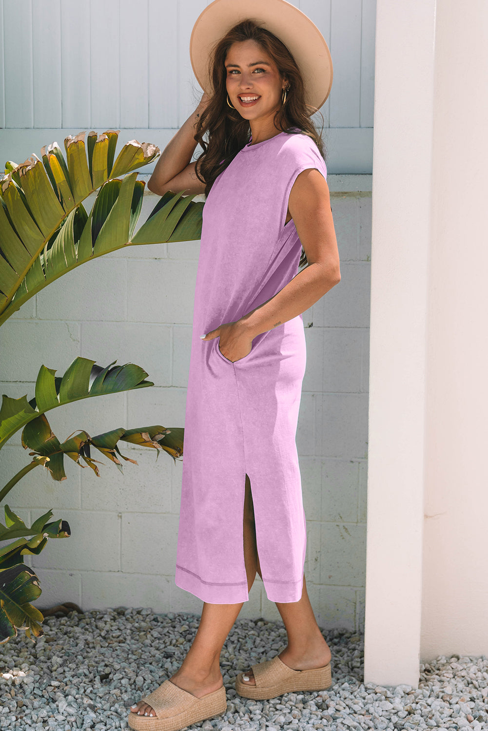 Mineral Wash Pocketed T-shirt Long Dress - Wisteria