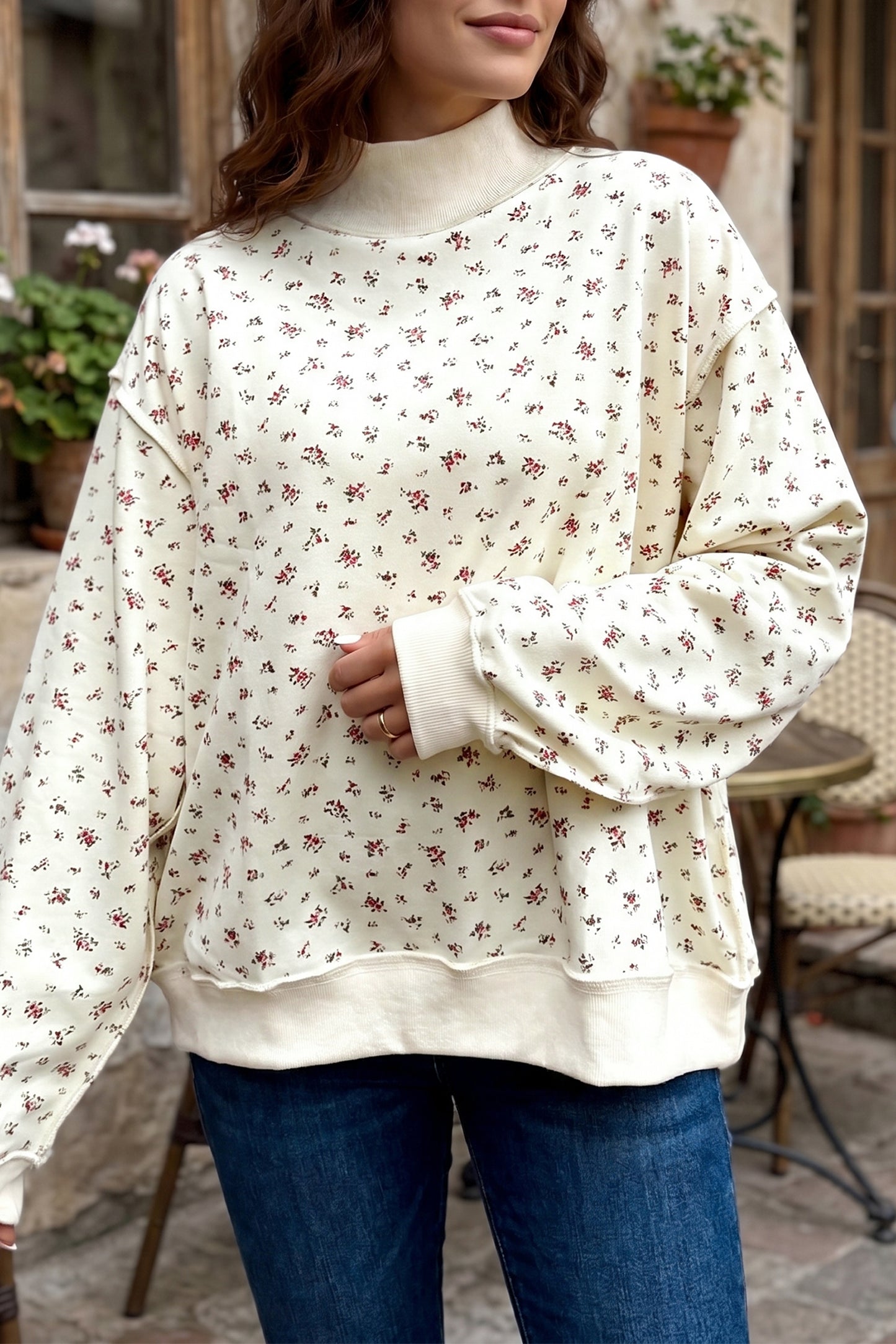 High Neck Patchwork Floral Print Baggy Pullover Sweatshirt