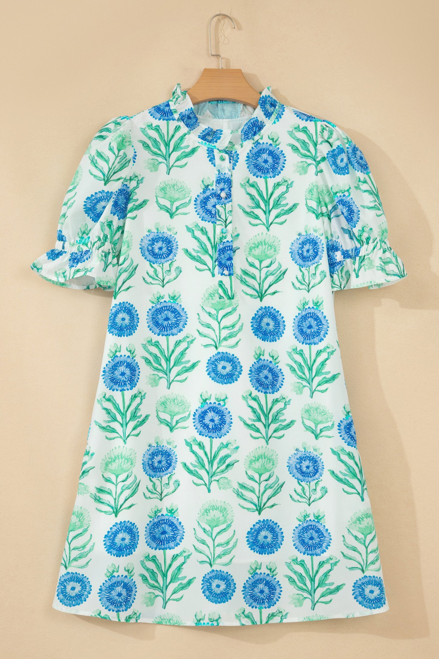 Floral Print Half Button Frilly Short Sleeve Dress