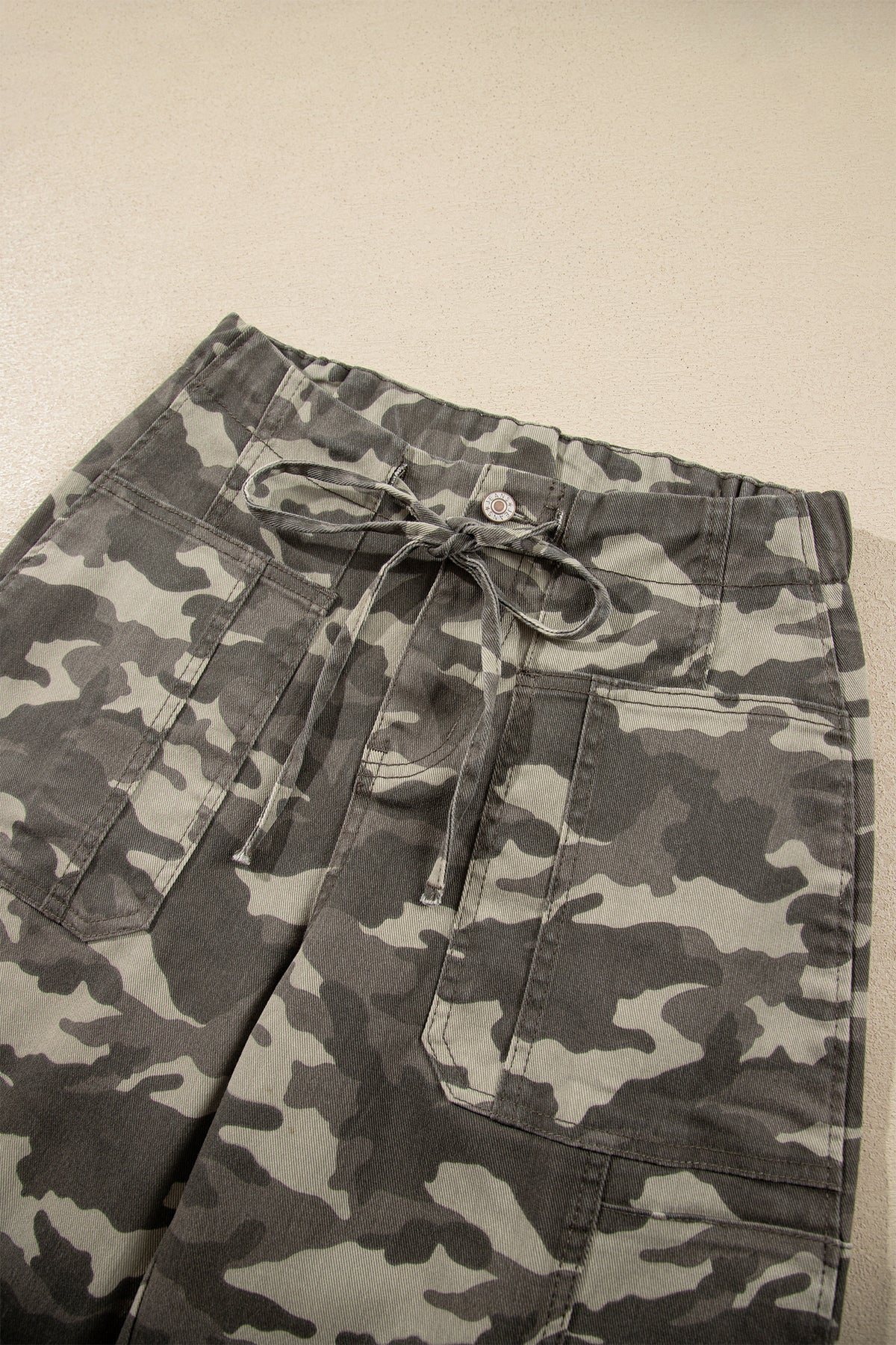 Leopard Printed Drawstring Elastic Waistband Pocketed Barrel Jeans