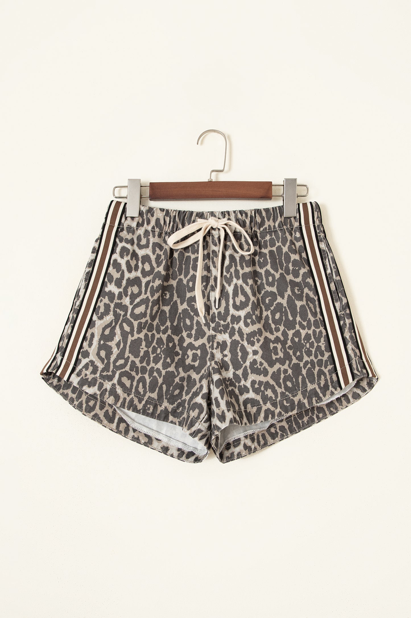 Leopard Pattern Striped Detail Drawstring Denim Shorts