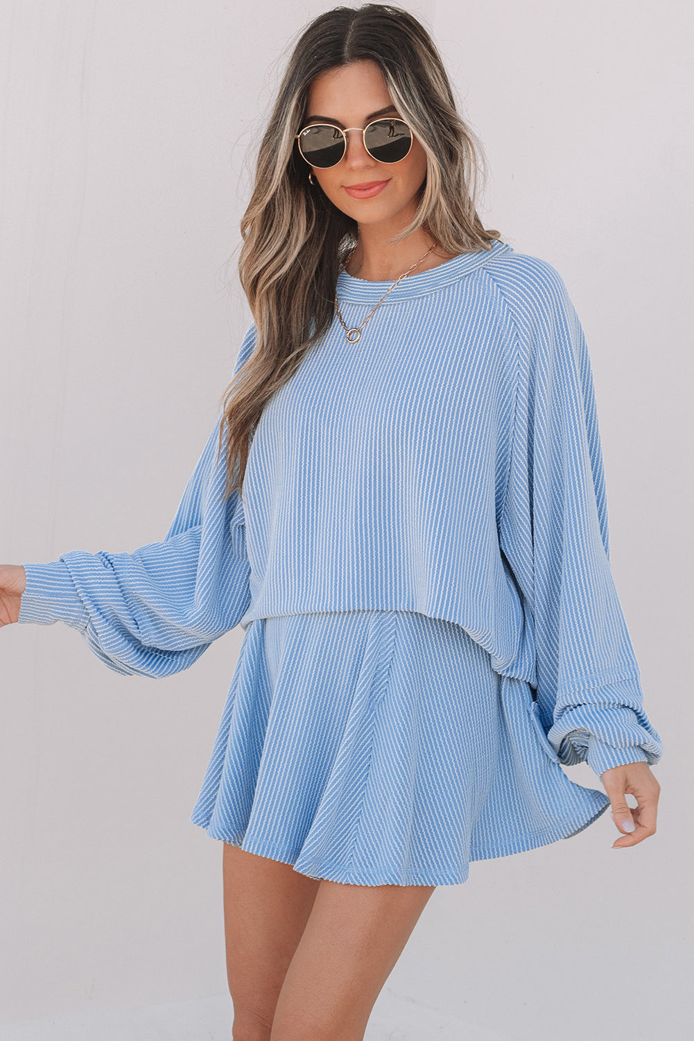 Corded Lantern Sleeve Top High Waist Ruffled Mini Skort Set