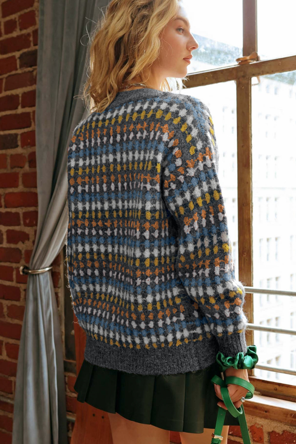 Dotty Pattern Knit Button Front V Neck Sweater Cardigan