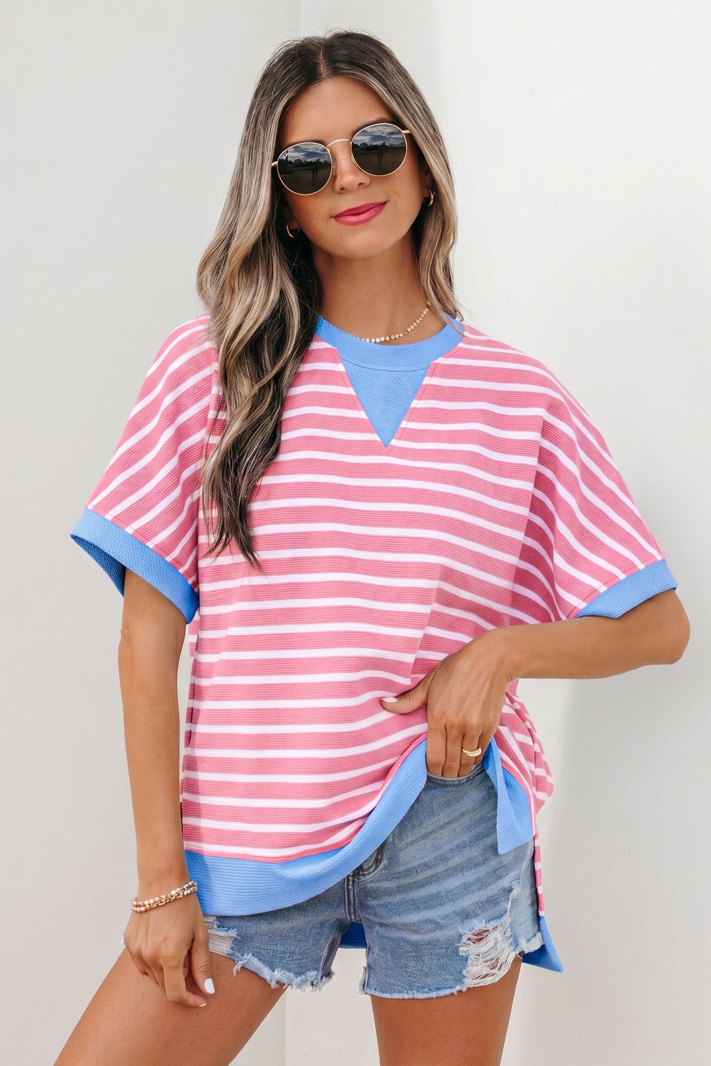 Stripe Contrast Trim Loose Short Sleeve Top