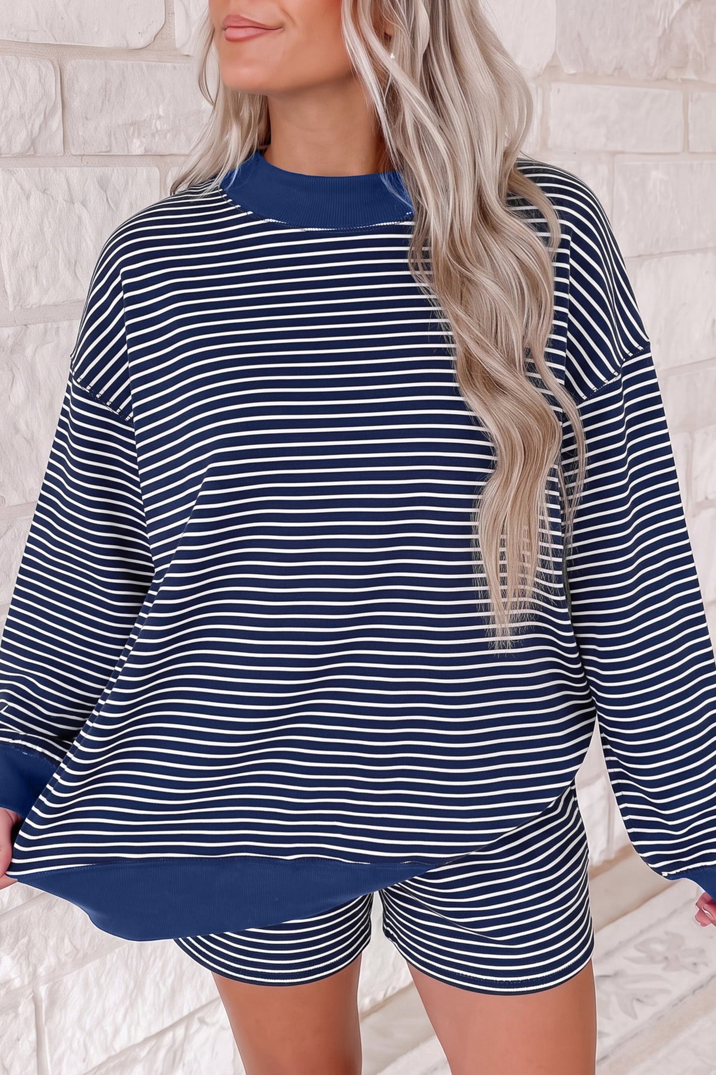 Stripe Ribbed Patchwork Mock Neck Baggy Pullover Matching Shorts Set