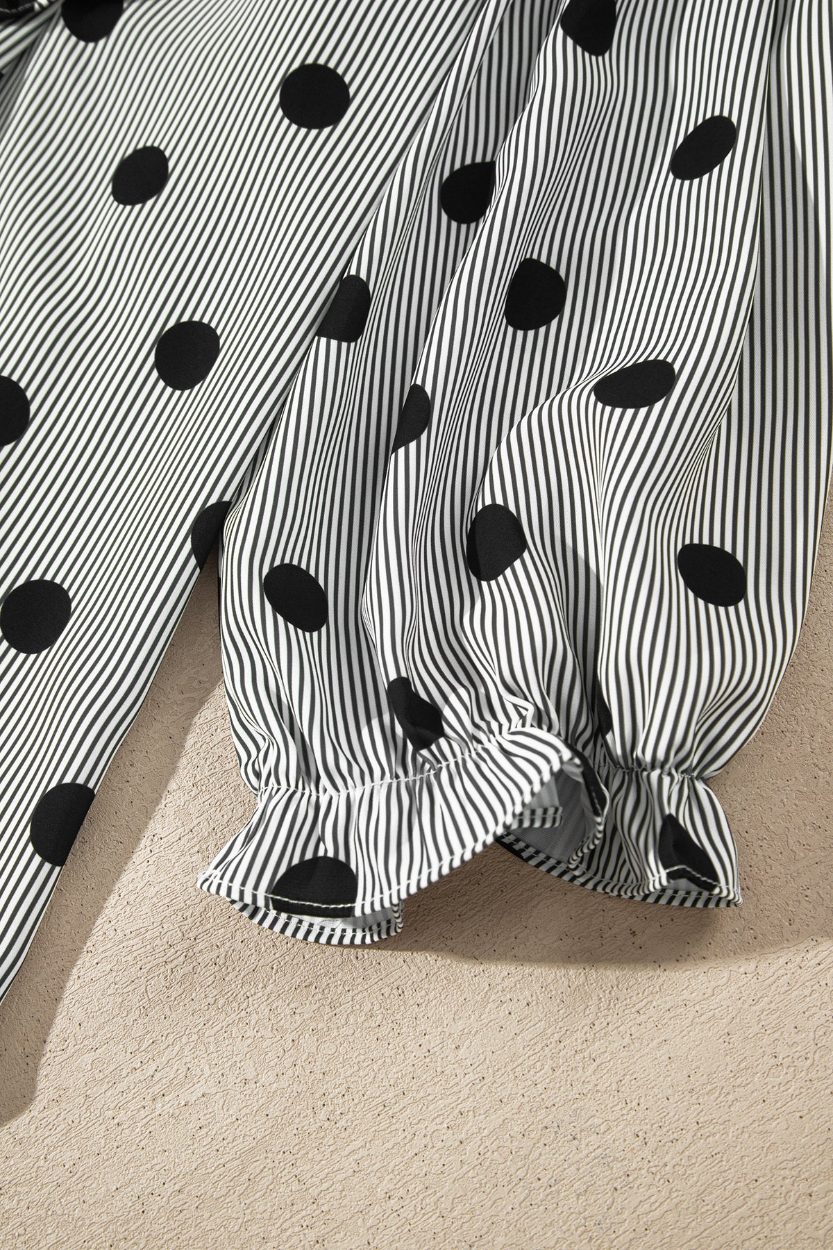Polka Dot Striped Print Ruffle Stand Neck 3/4 Sleeve Shift Shirt
