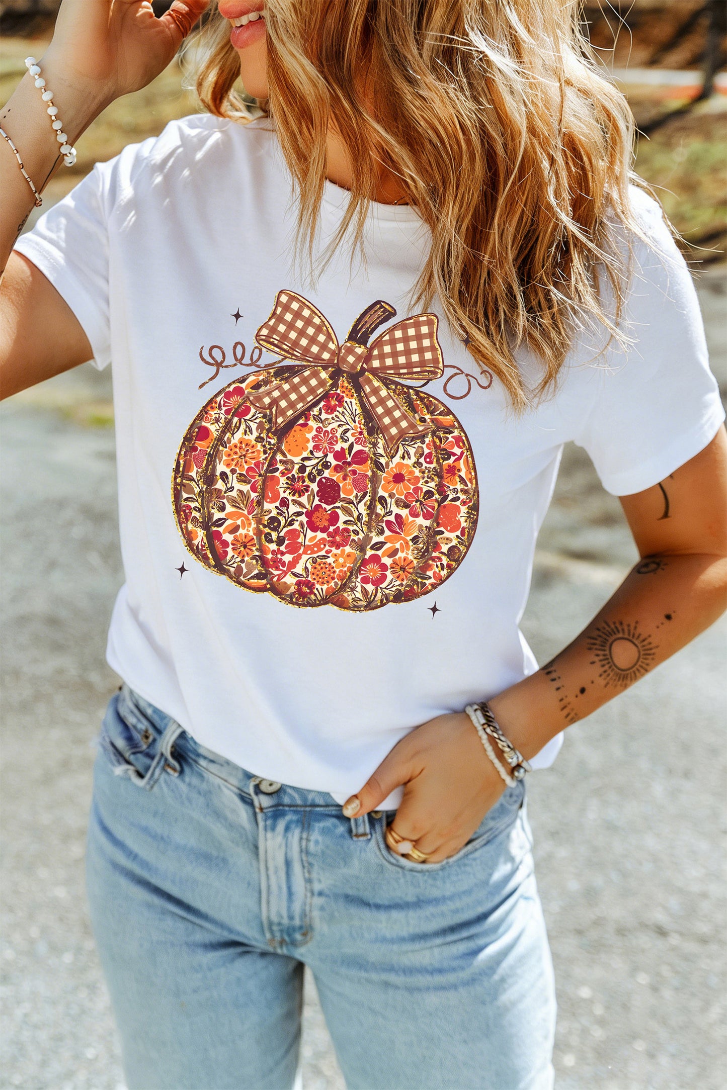 Floral Pumpkin Print Round Neck Short Sleeve T-Shirt