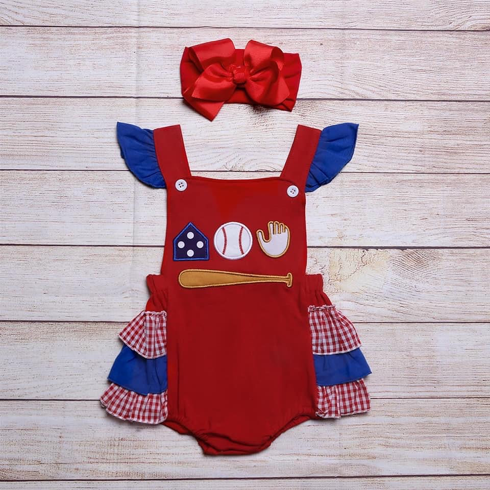 Baseball onesie ruffle strap girls