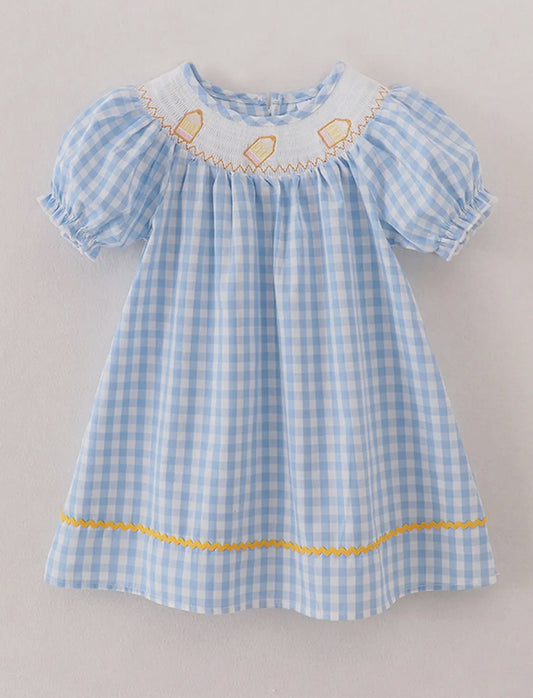 Smocked Blue gingham pencil dress