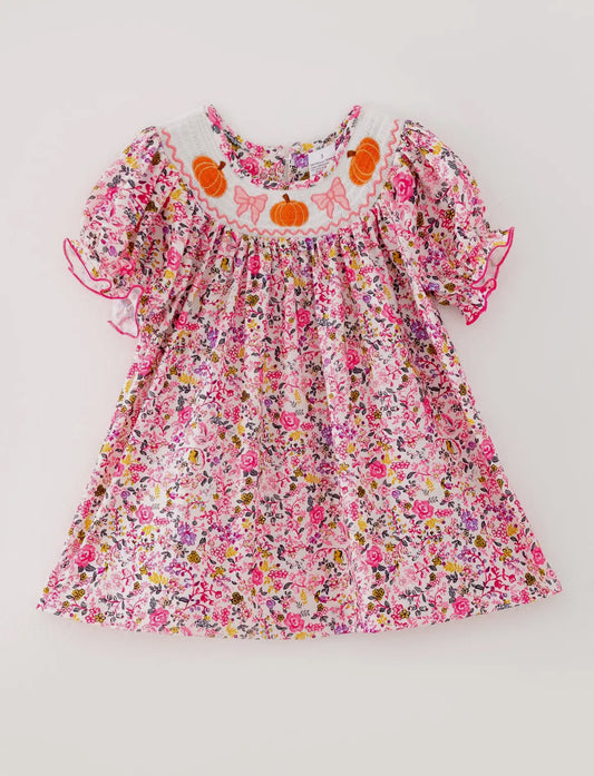 Smocked Pumpkin bow floral dress