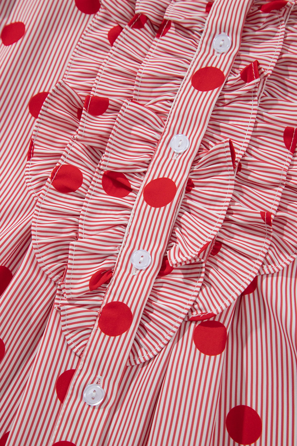 Polka Dot Striped Print Ruffle Stand Neck 3/4 Sleeve Shift Shirt