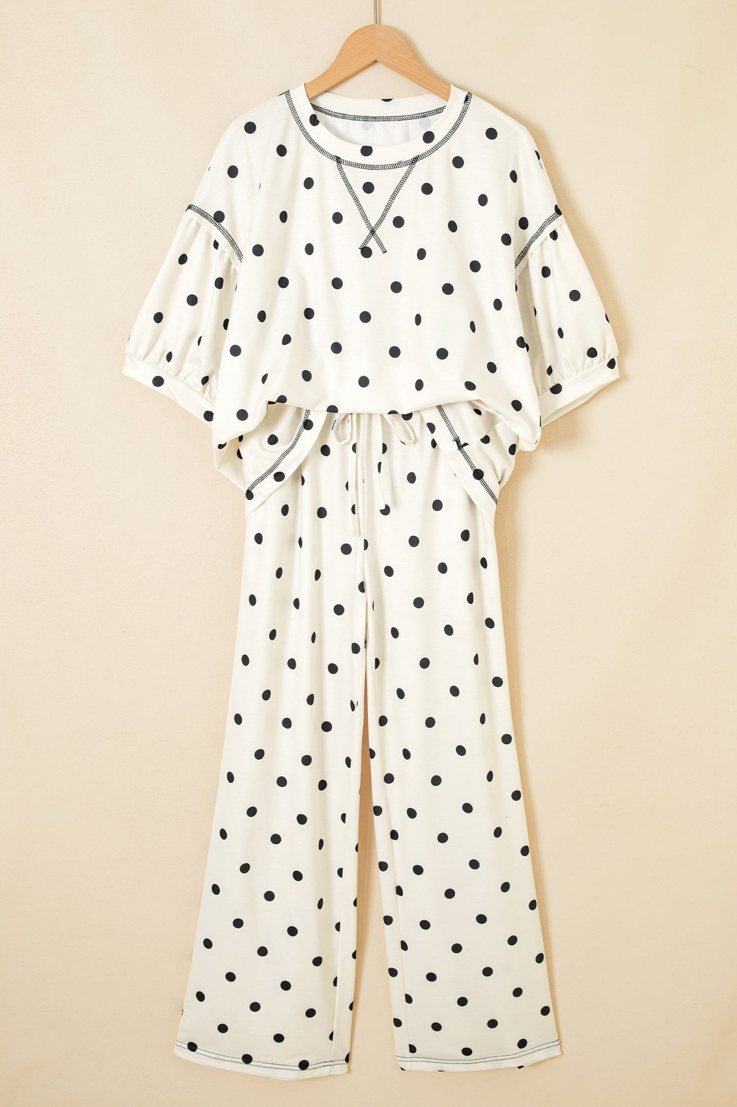 Polka Dot Half Sleeve Loose Top Elastic Waist Casual Pants Set