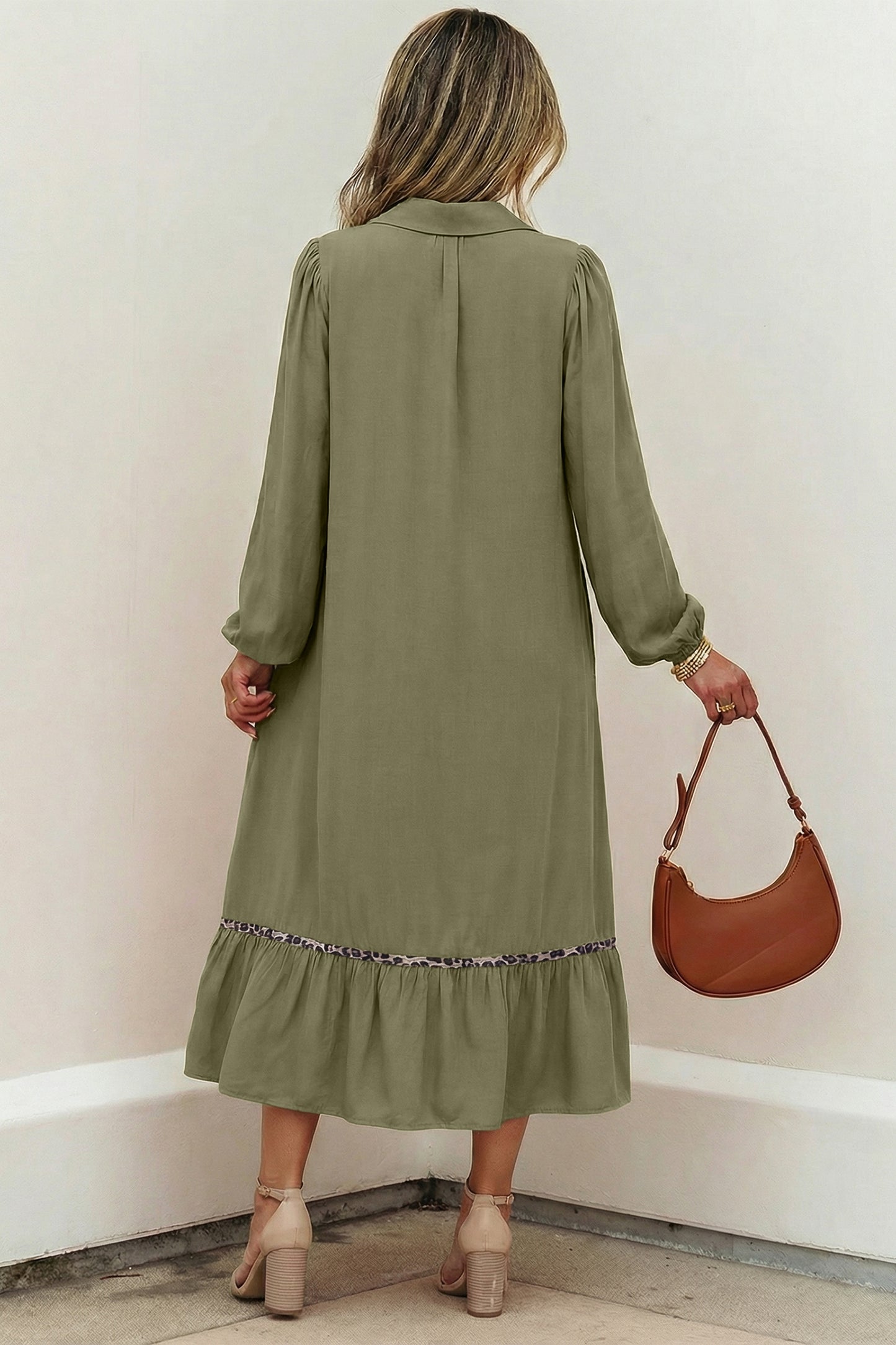 V Neck Smocked Detail Contrast Leopard Trim Bracelet Sleeve Long Dress