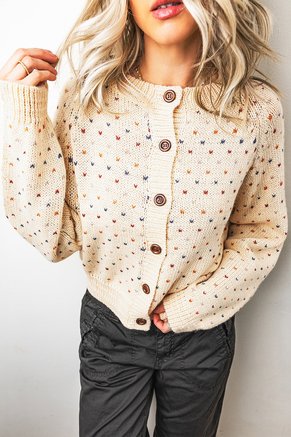 Geometric Print Button Front Long Sleeve Regular Fit Cardigan