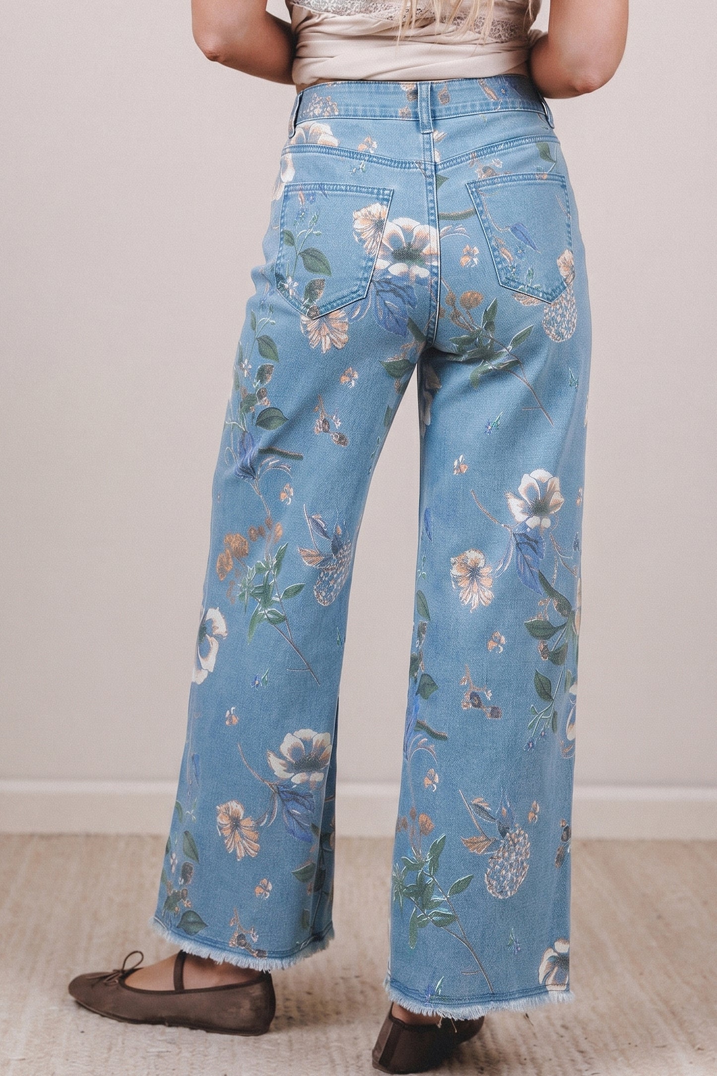 Retro Floral Print Frayed Hem Shift Jeans