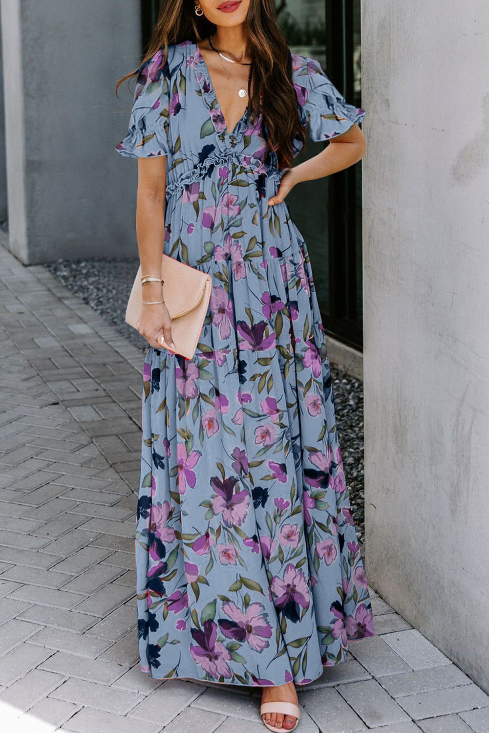 Floral Print Frilled V Neck Short Sleeve Maxi Dress