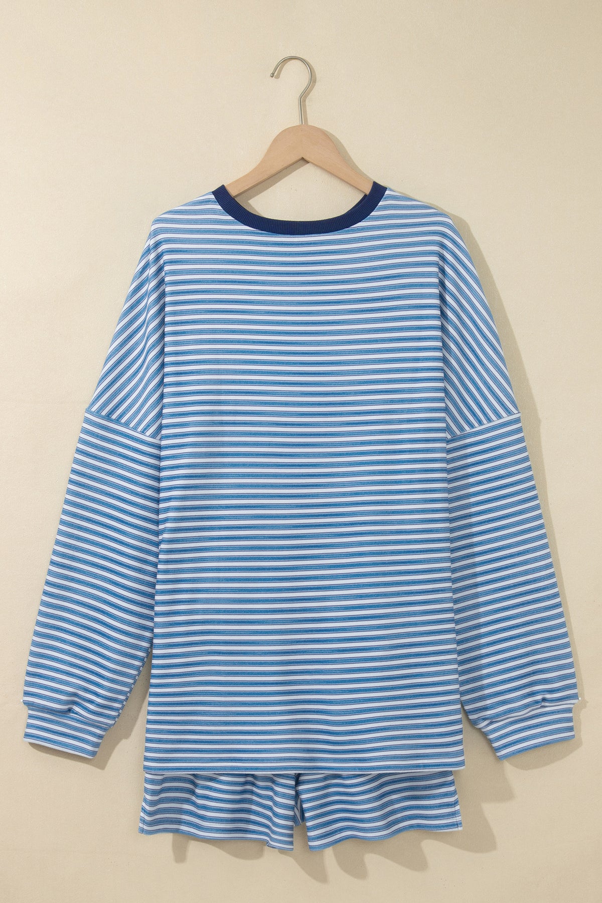 Stripe Long Sleeve Oversized Top Pocketed Casual Shorts Two Piece Set