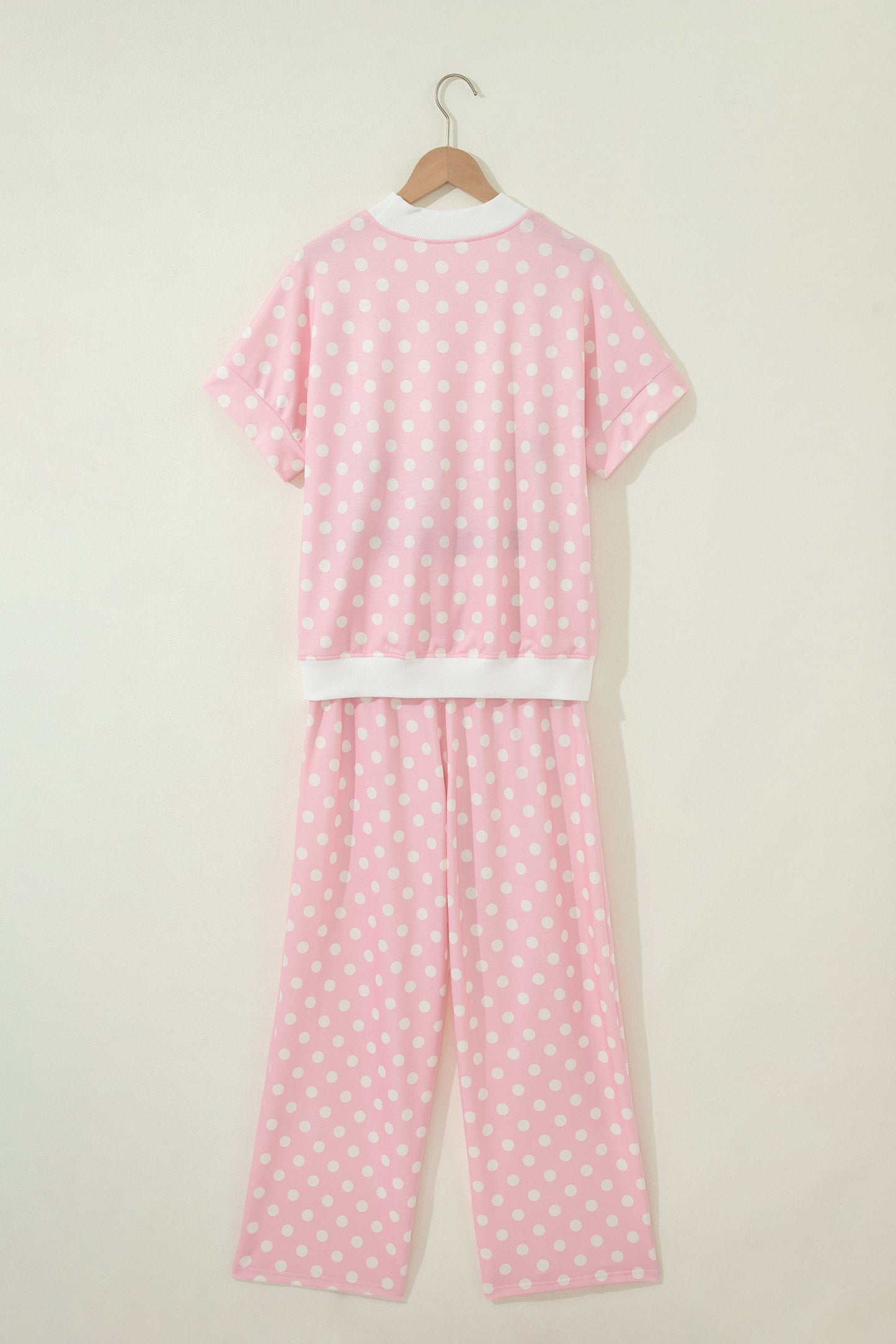 Polka Dot Print Mock Neck Short Sleeve Top Shift Pant Set