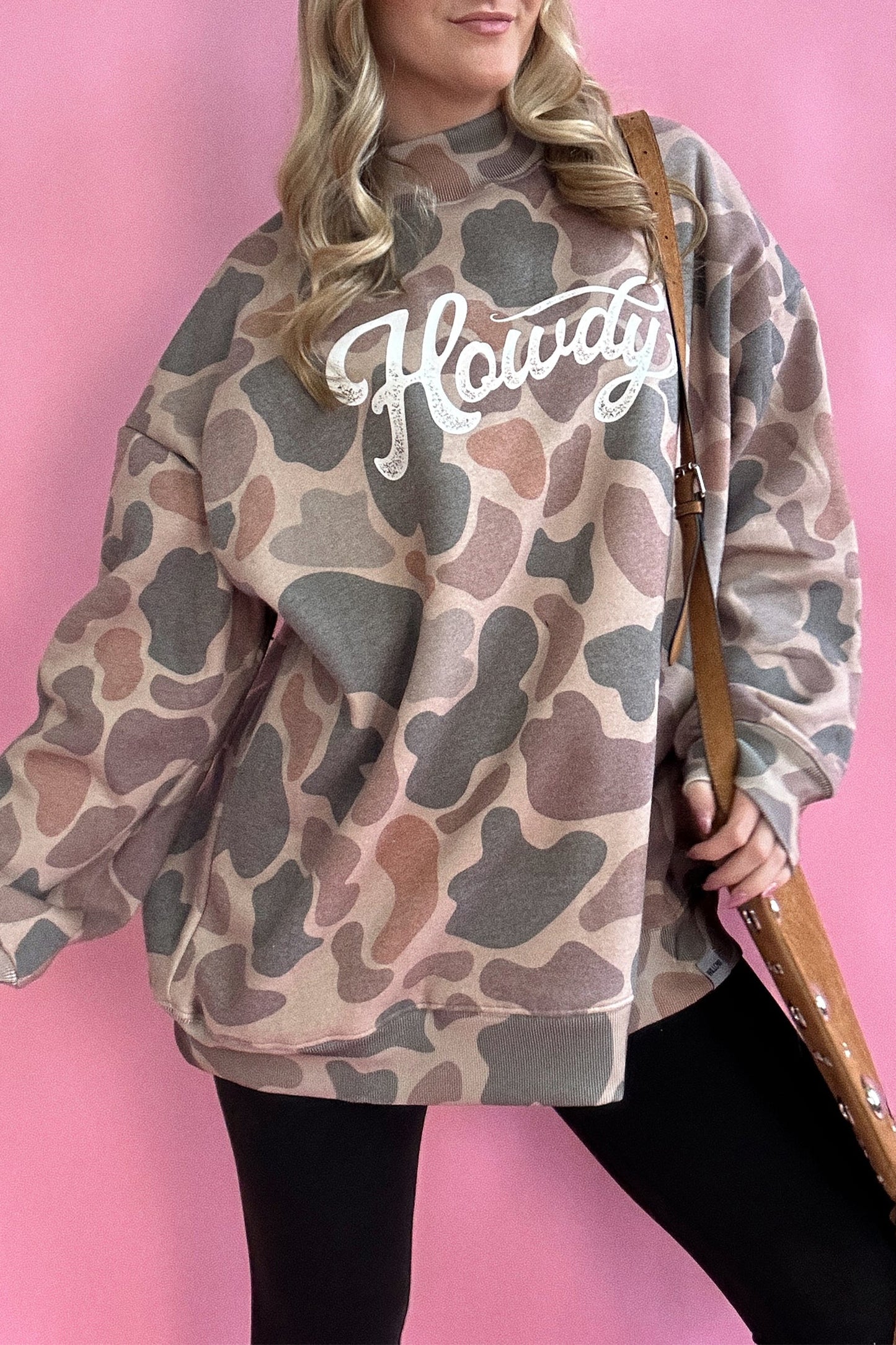 Camo Print Howdy Western Style Baggy Pullover Sweatshirt