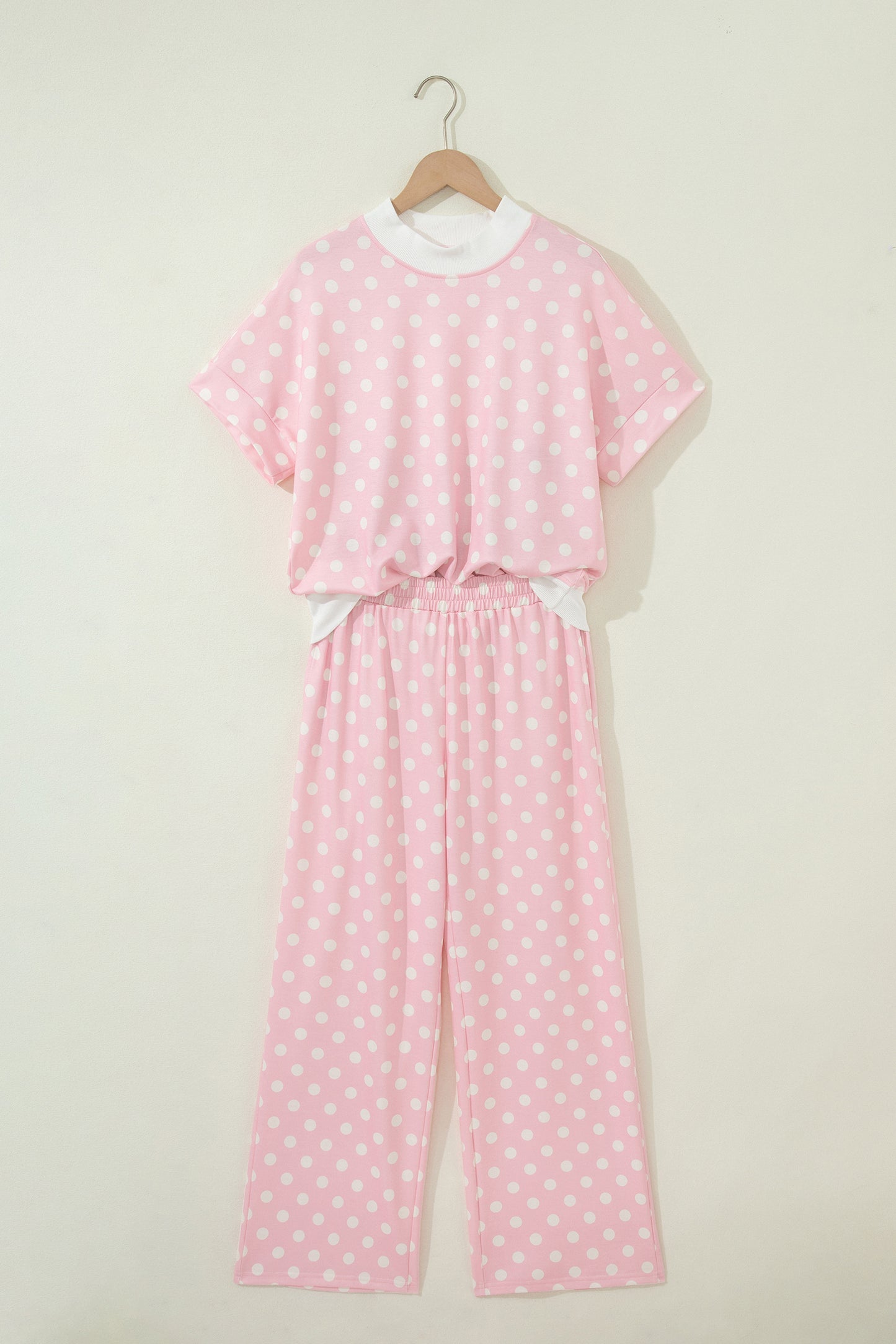 Polka Dot Print Mock Neck Short Sleeve Top Shift Pant Set