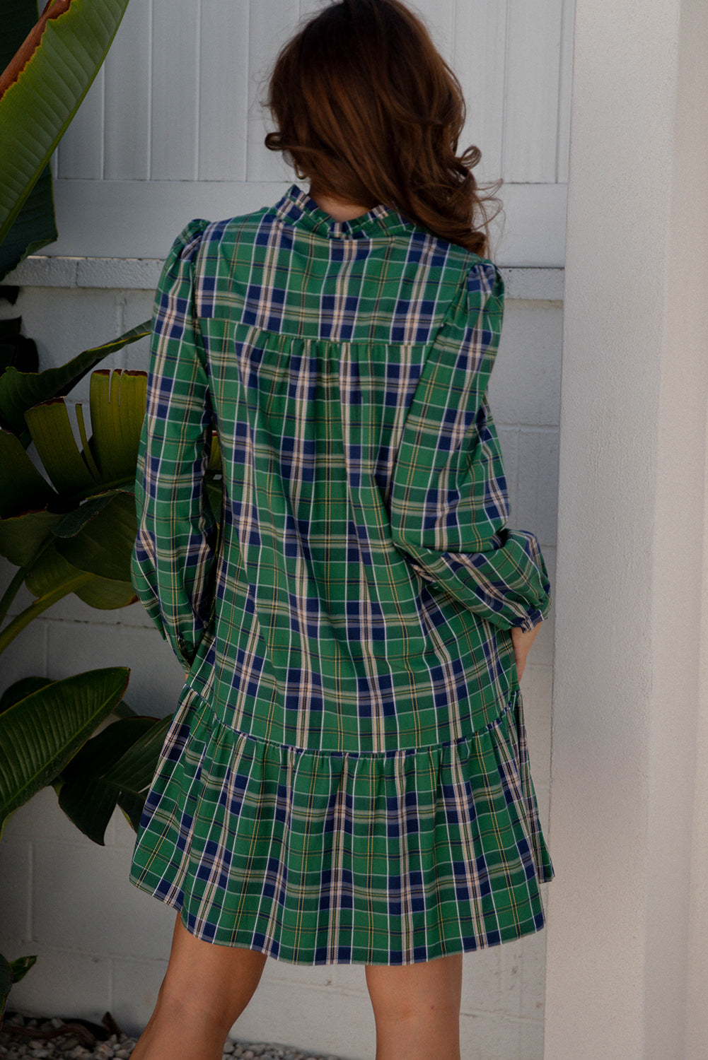 Plaid Print Frilly Collar Long Sleeve Shift Mini Dress