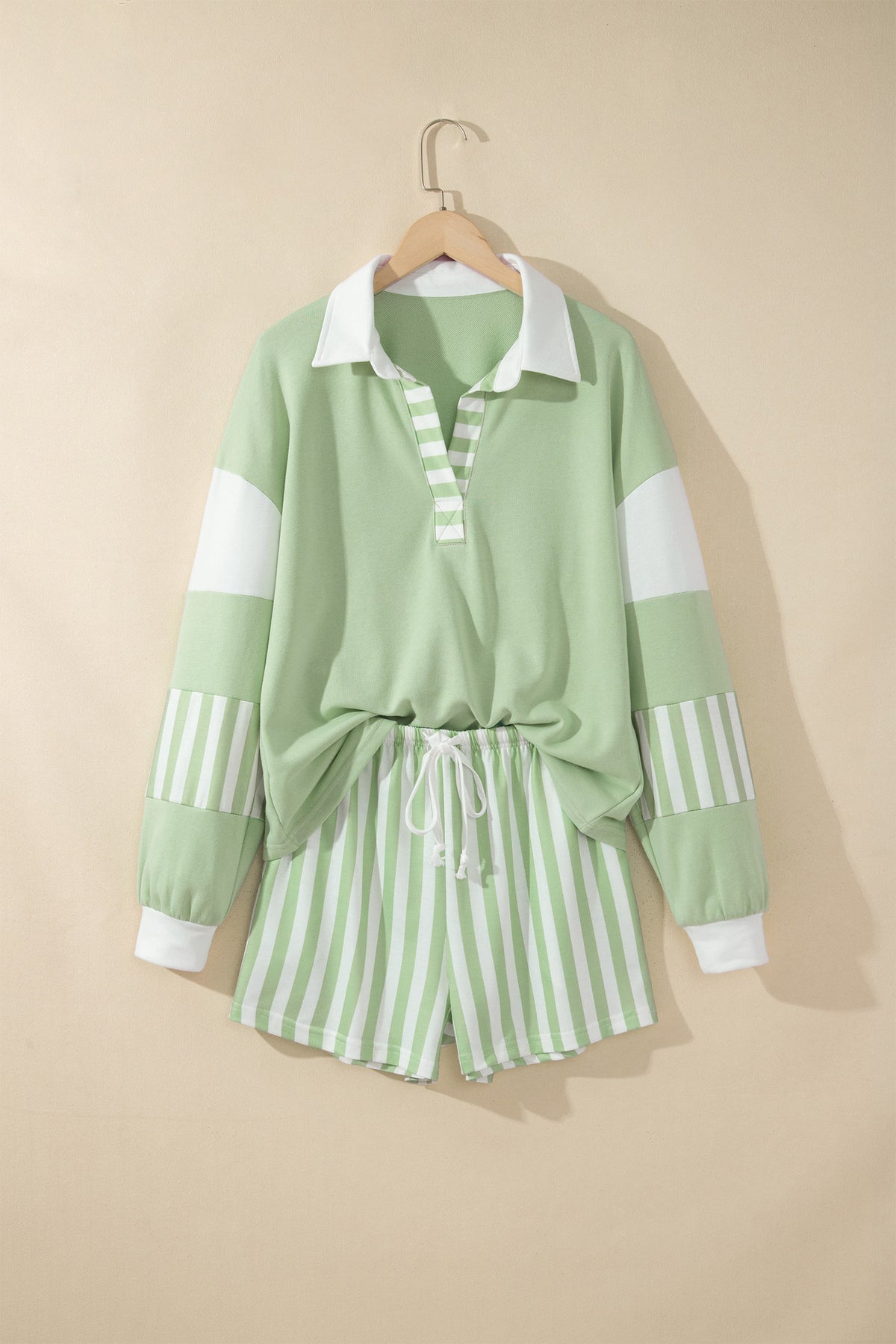 Striped Color Block Pullover Top Drawstring Shorts Set