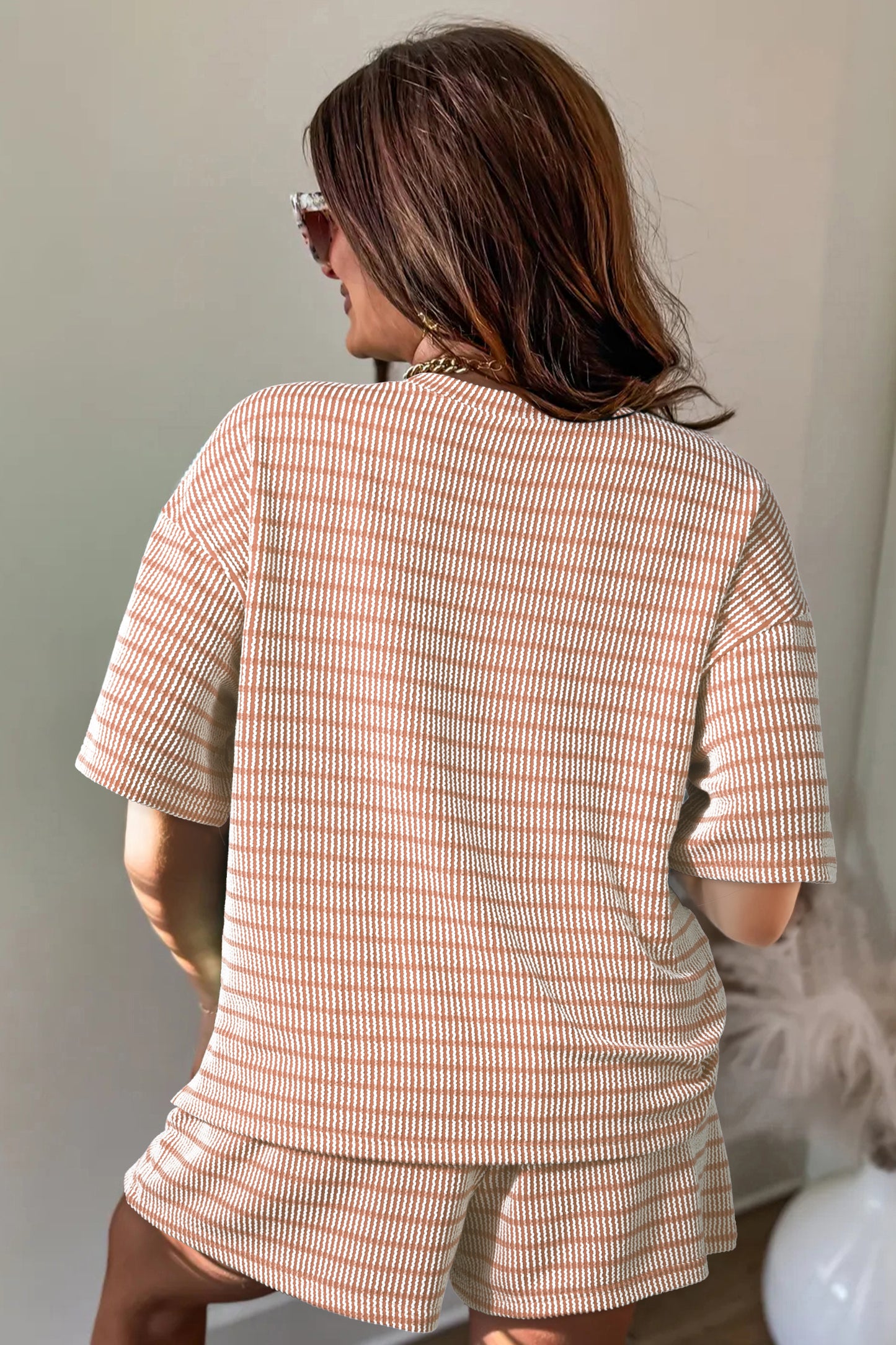 Raised Rib Loose Tee Drawstring Elastic Waist 2pcs Short Set