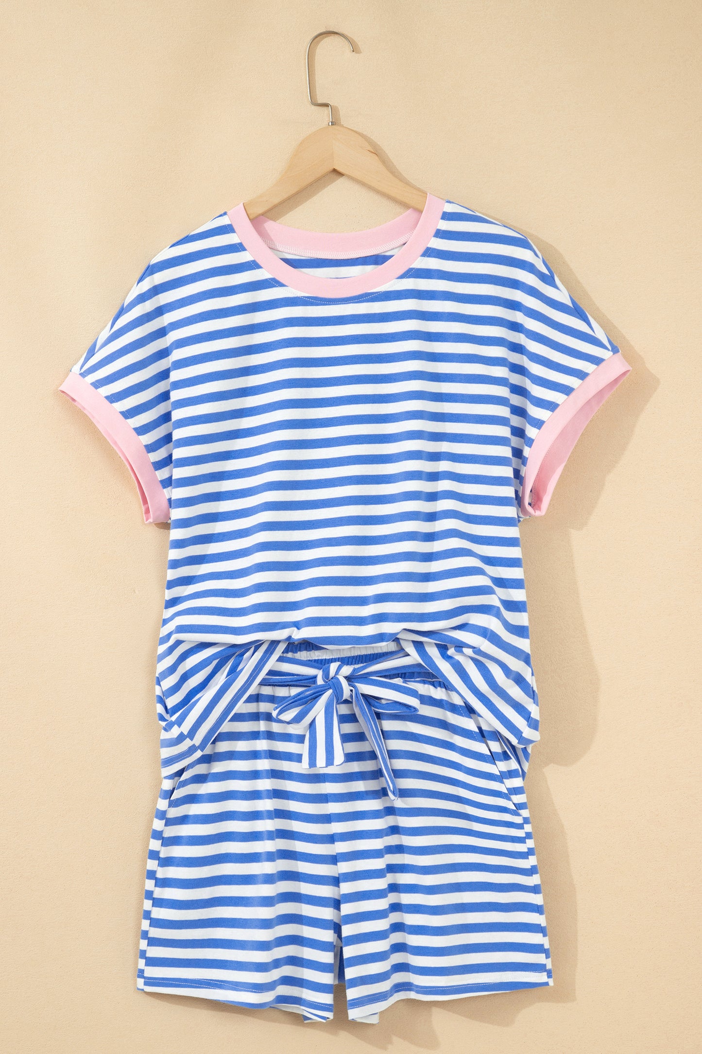 Contrast Trim Crew Neck Tee Knot Shorts 2pcs Set