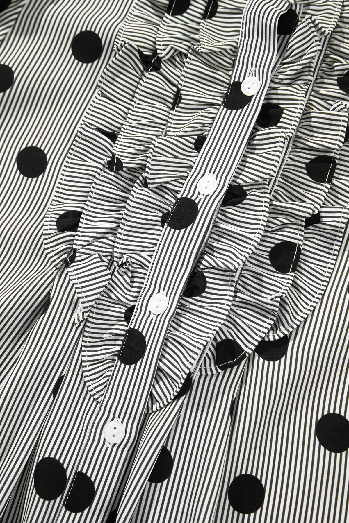 Polka Dot Striped Print Ruffle Stand Neck 3/4 Sleeve Shift Shirt