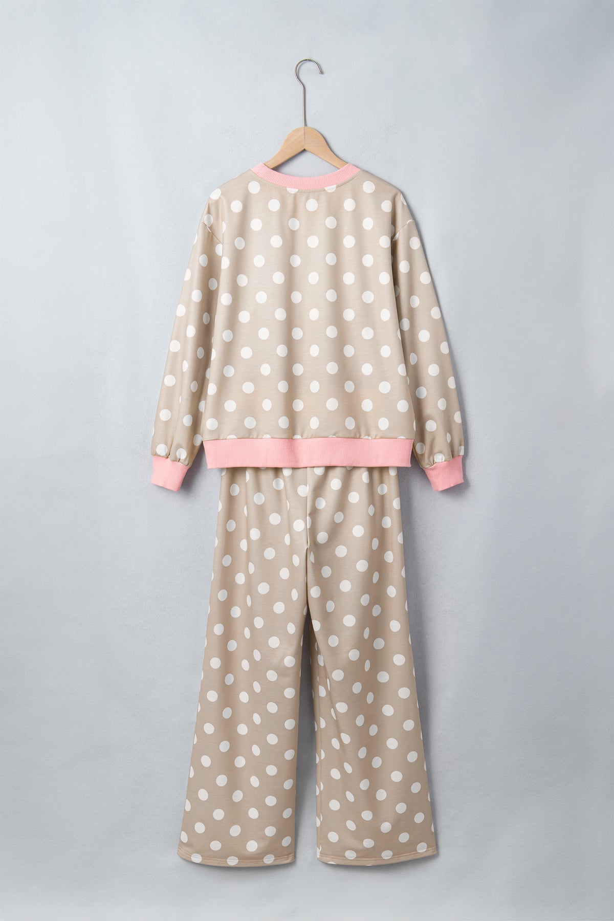 Polka Dot Contrast Trim Long Sleeve Top Drawstring Shift Pants Set
