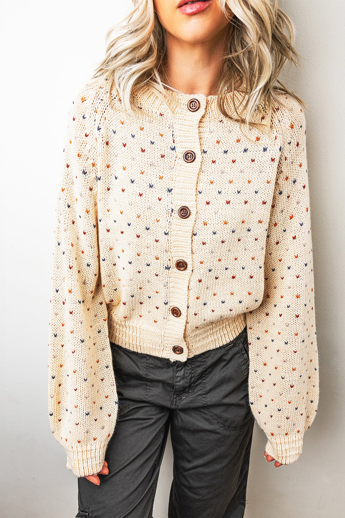 Geometric Print Button Front Long Sleeve Regular Fit Cardigan