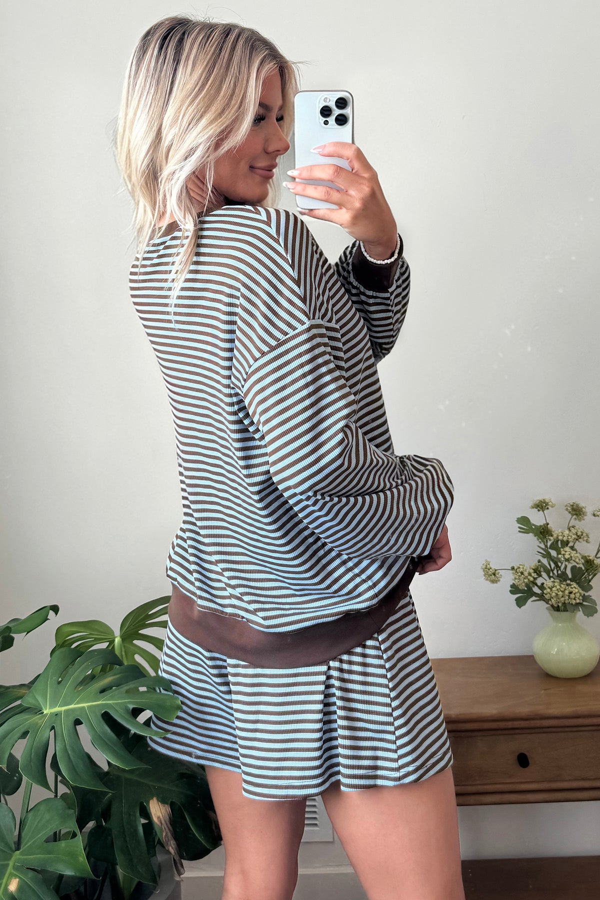 Stripe Oversized Long Sleeve Top Drawstring Loose Shorts 2pcs Set