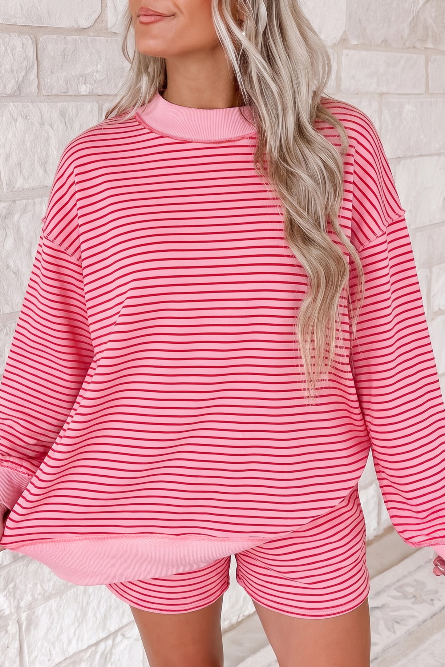 Stripe Ribbed Patchwork Mock Neck Baggy Pullover Matching Shorts Set